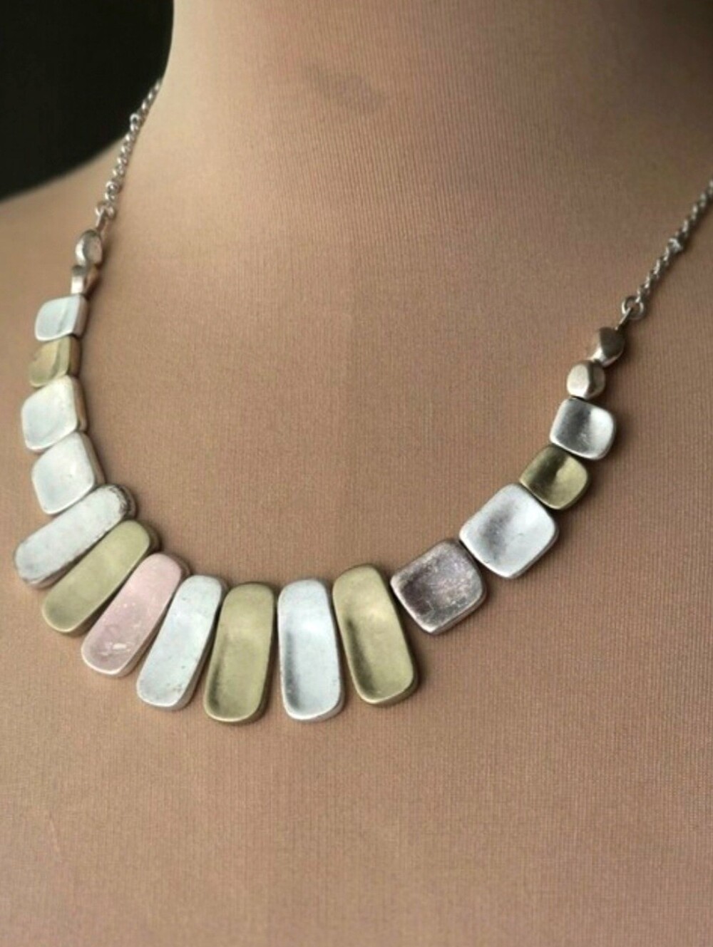 Modernist Mixed Metal Geometric Collar Necklace Brushed Gold Silver J.Jill 20.5"
